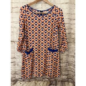 Tulle Dress Womens Large Shift Orange Blue Medallion Print Pockets Zip Up